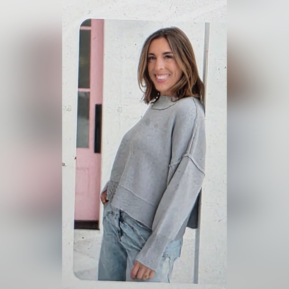 Zenana Outfitters Light Gray Wide Neck Band Drop Shoulder Sweater